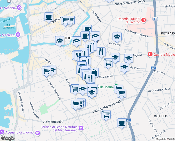 map of restaurants, bars, coffee shops, grocery stores, and more near 37 Via Leonardo Cambini in Livorno