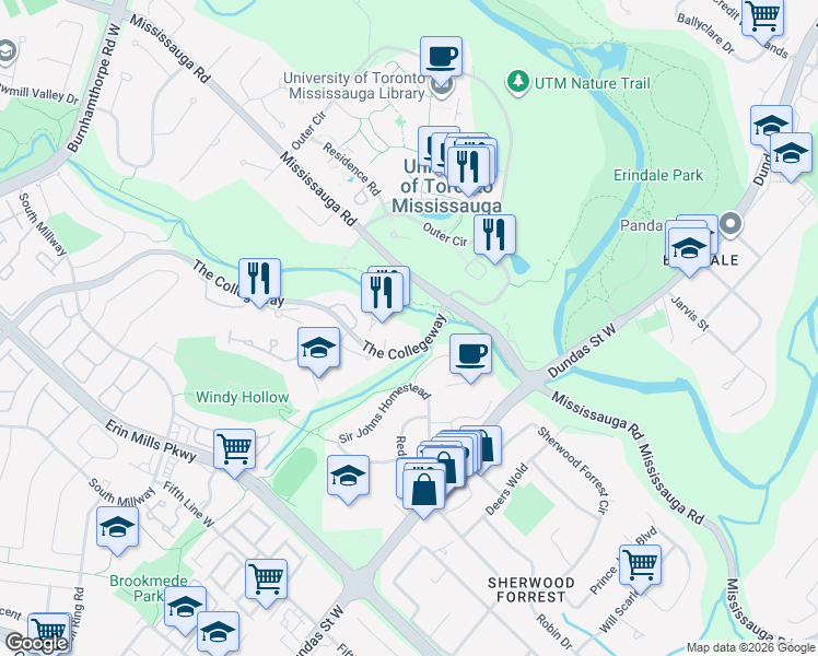 map of restaurants, bars, coffee shops, grocery stores, and more near 1655 The Collegeway in Mississauga