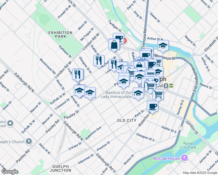 map of restaurants, bars, coffee shops, grocery stores, and more near 61 Paisley Street in Guelph