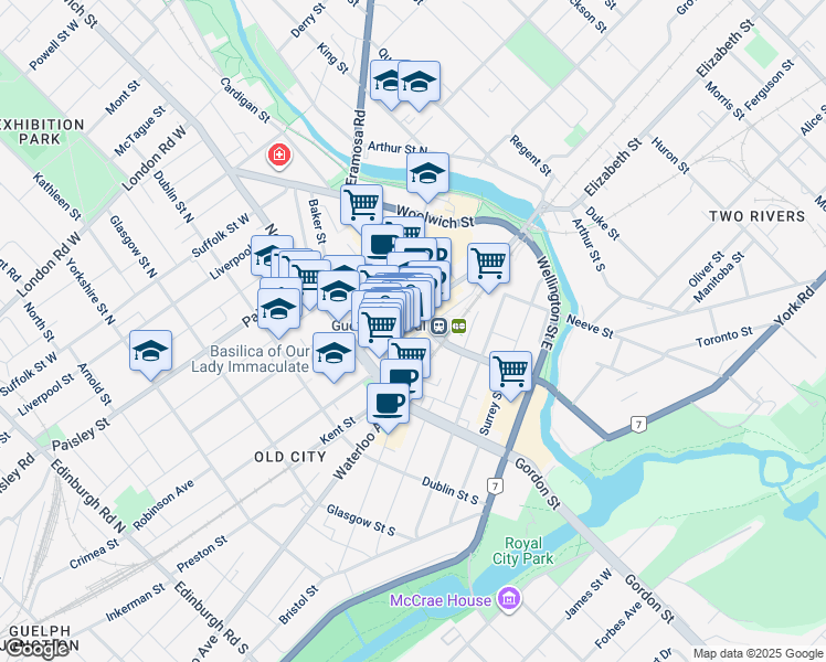 map of restaurants, bars, coffee shops, grocery stores, and more near 54 Carden Street in Guelph