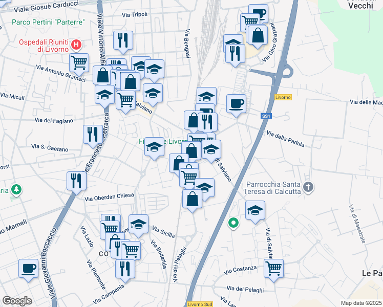 map of restaurants, bars, coffee shops, grocery stores, and more near 28 Via Domenico Cimarosa in Livorno