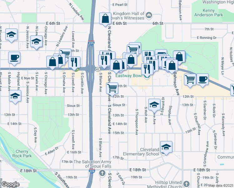 map of restaurants, bars, coffee shops, grocery stores, and more near 2808 East 12th Street in Sioux Falls