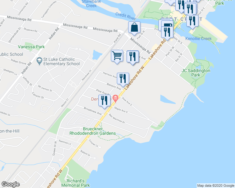 map of restaurants, bars, coffee shops, grocery stores, and more near 122 Pine Avenue North in Mississauga
