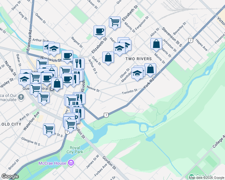 map of restaurants, bars, coffee shops, grocery stores, and more near 158 Neeve Street in Guelph