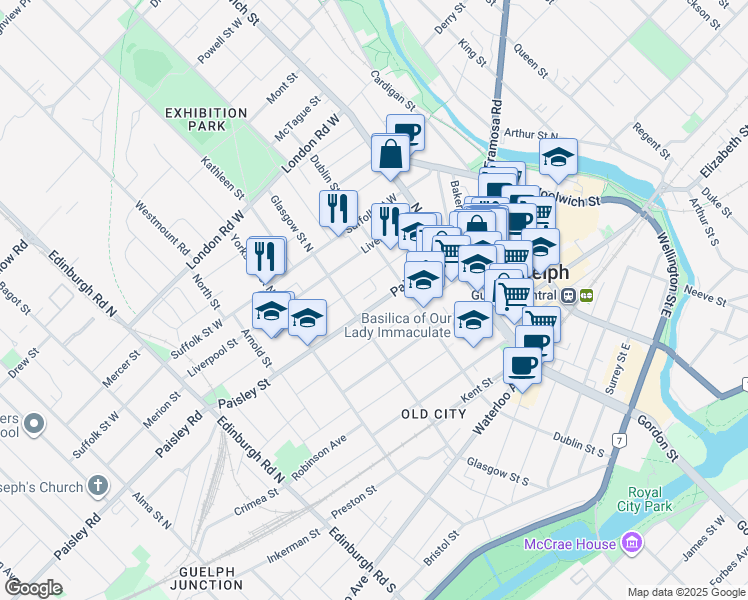 map of restaurants, bars, coffee shops, grocery stores, and more near 61 Paisley Street in Guelph