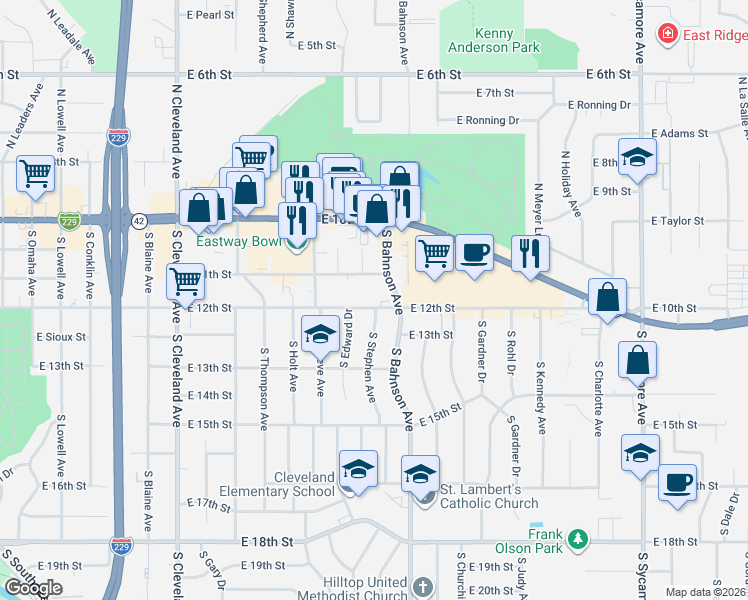 map of restaurants, bars, coffee shops, grocery stores, and more near 504 South Stephen Avenue in Sioux Falls