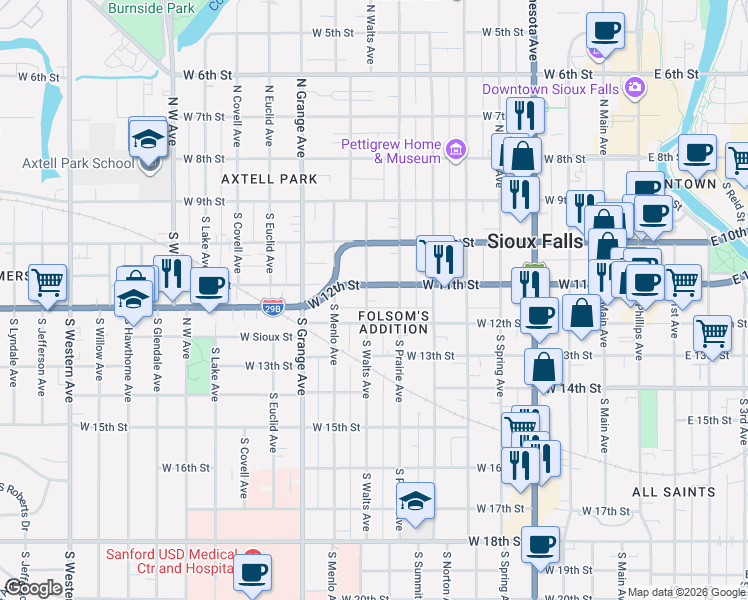 map of restaurants, bars, coffee shops, grocery stores, and more near 824 West 12th Street in Sioux Falls