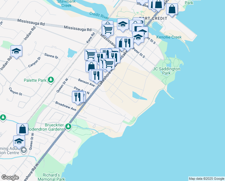 map of restaurants, bars, coffee shops, grocery stores, and more near 15 Lou Parsons Way in Mississauga