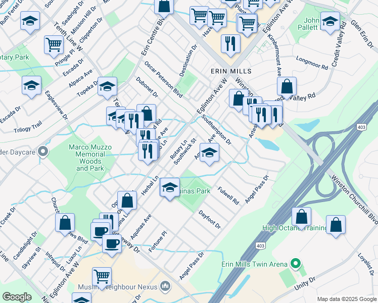 map of restaurants, bars, coffee shops, grocery stores, and more near 3350 Southwick Street in Mississauga