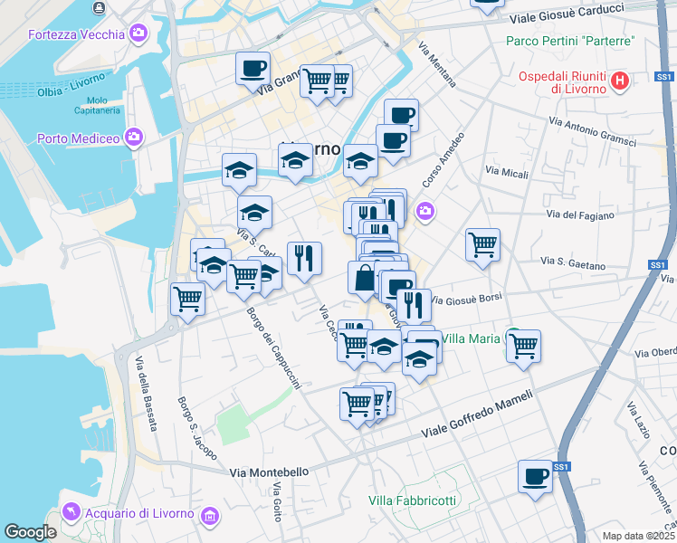 map of restaurants, bars, coffee shops, grocery stores, and more near 52 Via Roma in Livorno