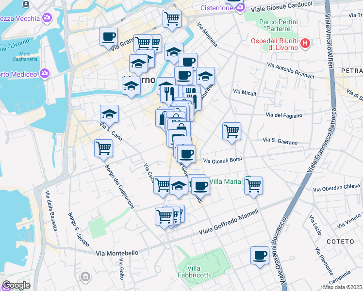 map of restaurants, bars, coffee shops, grocery stores, and more near 4 Via Giovanni Marradi in Livorno