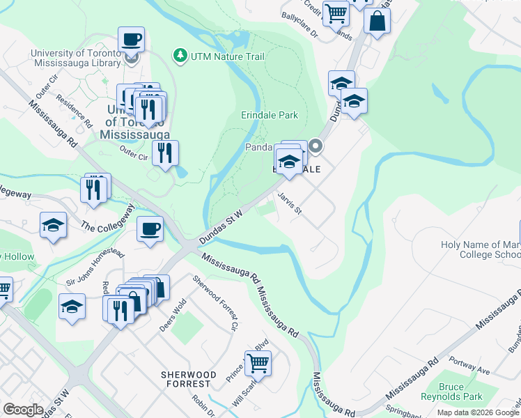 map of restaurants, bars, coffee shops, grocery stores, and more near 1620 Dundas Street West in Mississauga
