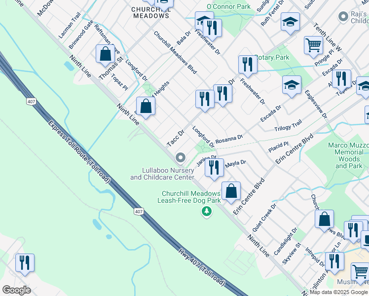 map of restaurants, bars, coffee shops, grocery stores, and more near in Mississauga