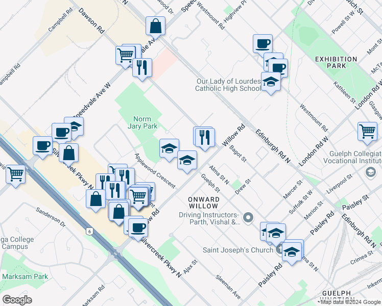 map of restaurants, bars, coffee shops, grocery stores, and more near 38 Dawson Road in Guelph