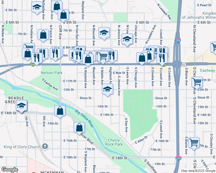 map of restaurants, bars, coffee shops, grocery stores, and more near 312 South Mable Avenue in Sioux Falls