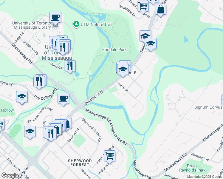 map of restaurants, bars, coffee shops, grocery stores, and more near 1646 Dundas Street West in Mississauga