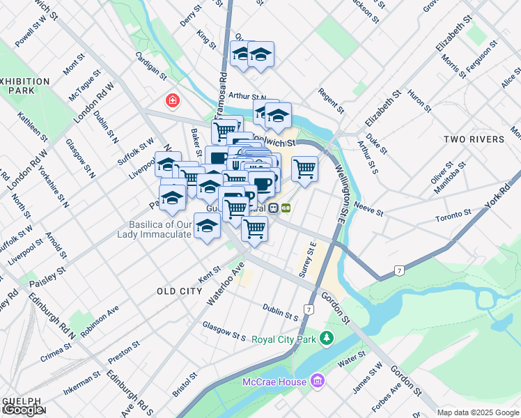 map of restaurants, bars, coffee shops, grocery stores, and more near in Guelph