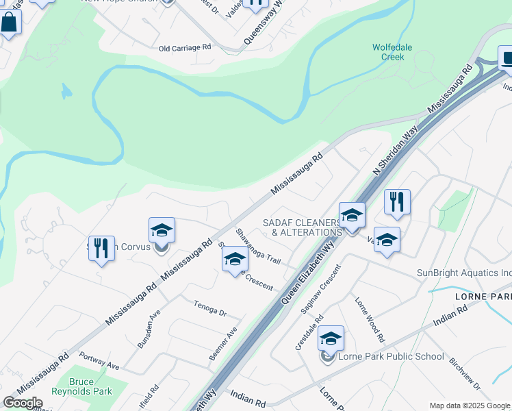 map of restaurants, bars, coffee shops, grocery stores, and more near Mississauga Road in Mississauga