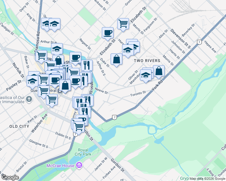 map of restaurants, bars, coffee shops, grocery stores, and more near 26 Ontario Street in Guelph