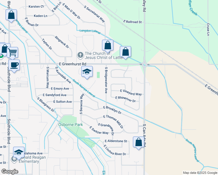 map of restaurants, bars, coffee shops, grocery stores, and more near 2505 South Vineyard Street in Nampa