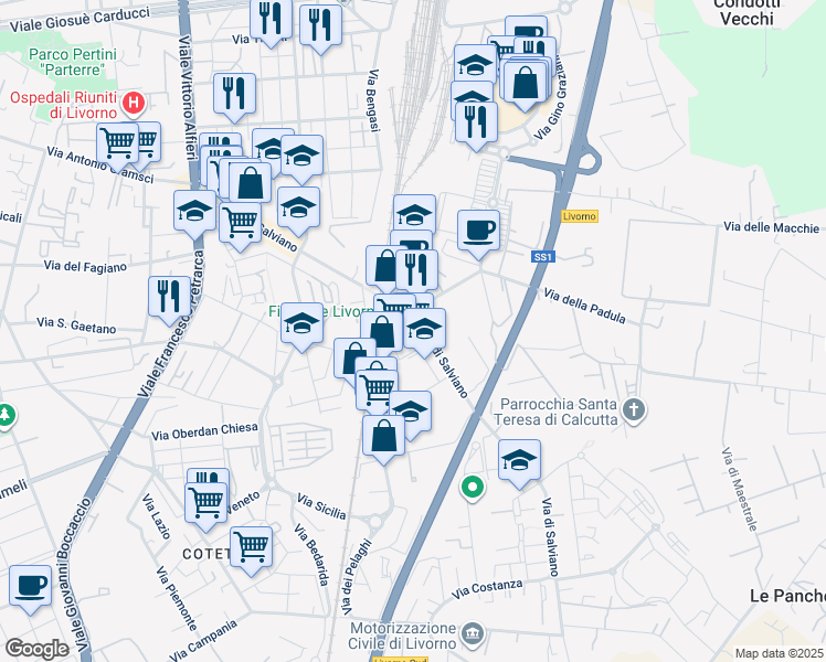 map of restaurants, bars, coffee shops, grocery stores, and more near 10 Via della Padula in Livorno