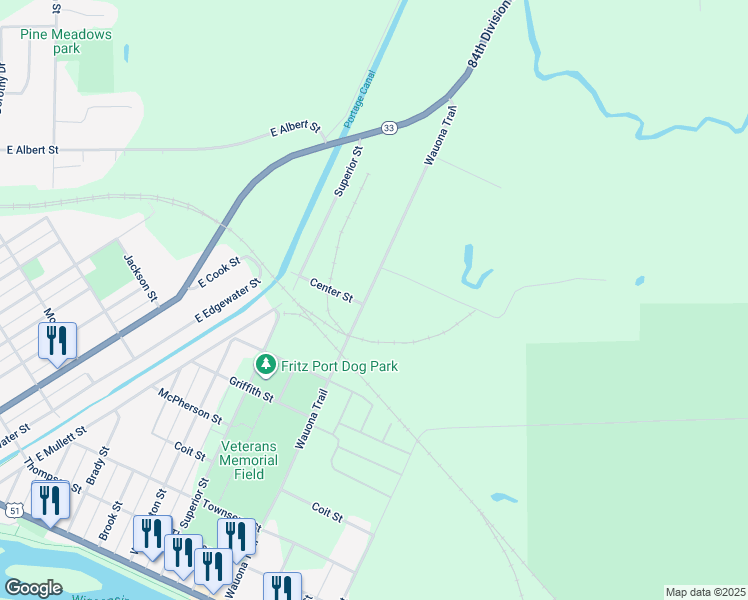map of restaurants, bars, coffee shops, grocery stores, and more near 922 Wauona Trail in Portage