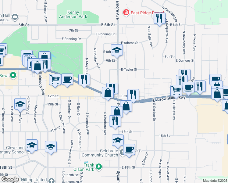 map of restaurants, bars, coffee shops, grocery stores, and more near 313 South Sycamore Avenue in Sioux Falls