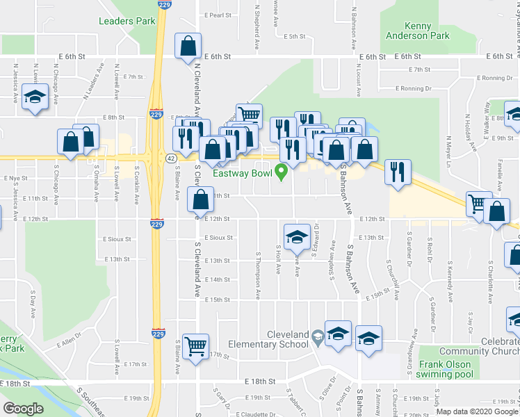 map of restaurants, bars, coffee shops, grocery stores, and more near 3103 East 11th Street in Sioux Falls