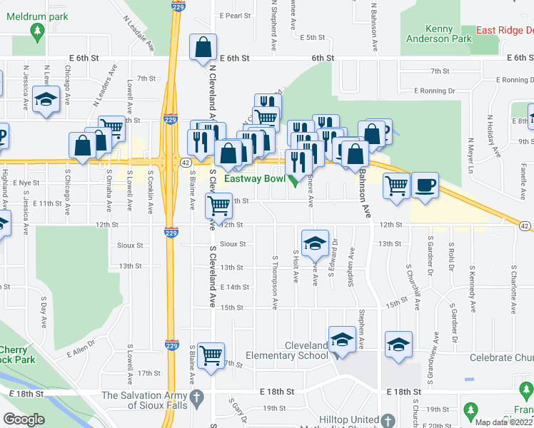 map of restaurants, bars, coffee shops, grocery stores, and more near 2900 East 11th Street in Sioux Falls