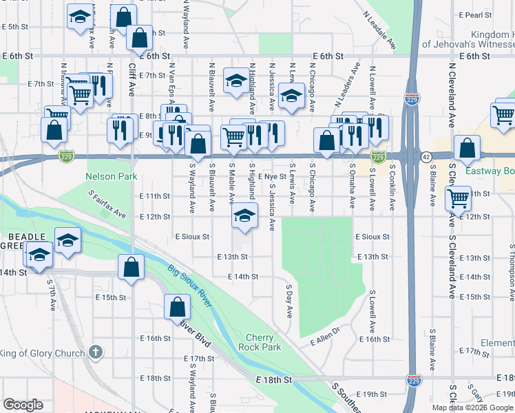 map of restaurants, bars, coffee shops, grocery stores, and more near 310 South Highland Avenue in Sioux Falls