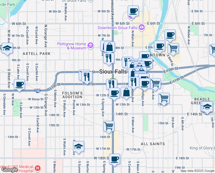 map of restaurants, bars, coffee shops, grocery stores, and more near 225 South Minnesota Avenue in Sioux Falls