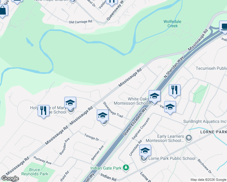 map of restaurants, bars, coffee shops, grocery stores, and more near 2082 Mississauga Road in Mississauga