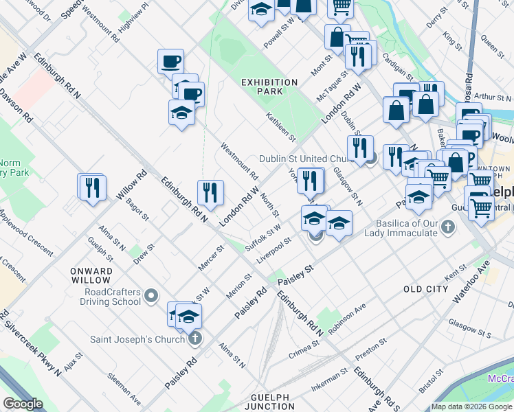 map of restaurants, bars, coffee shops, grocery stores, and more near 240 London Road West in Guelph
