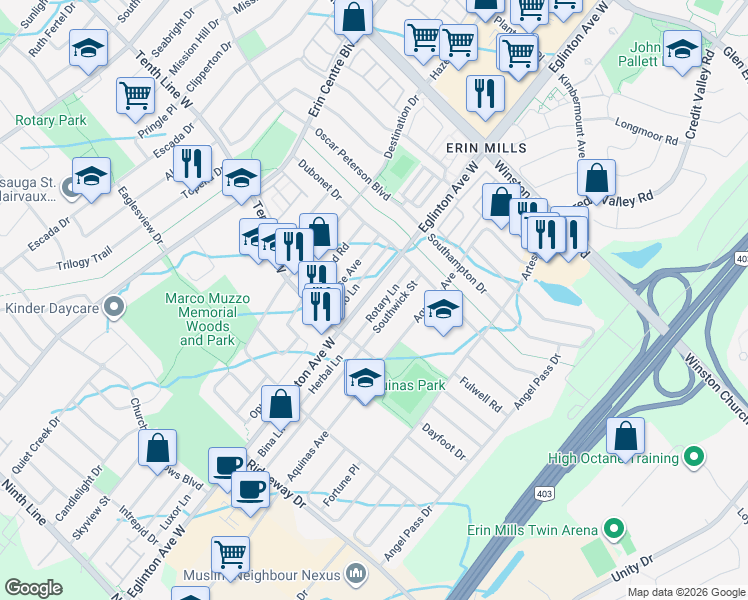 map of restaurants, bars, coffee shops, grocery stores, and more near 3376 Eglinton Avenue West in Mississauga