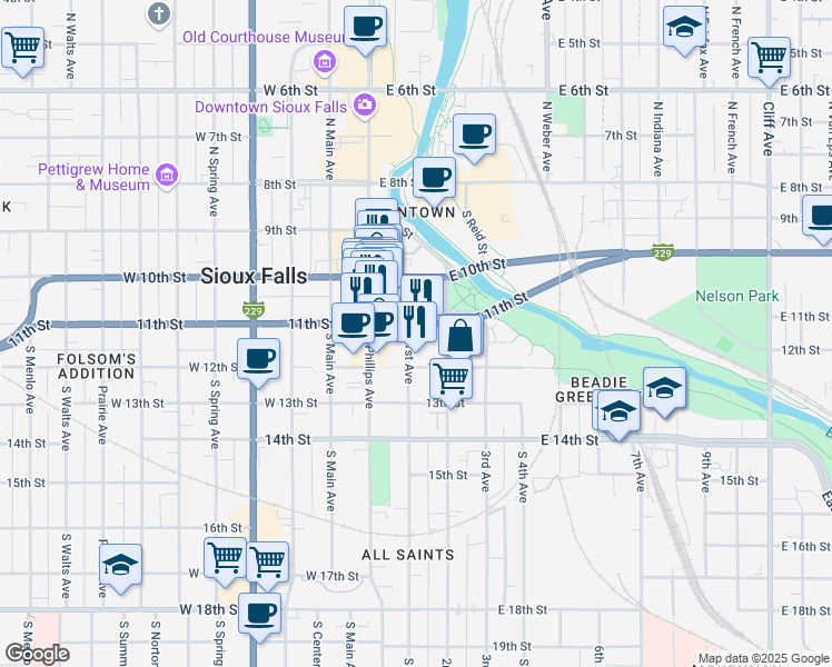 map of restaurants, bars, coffee shops, grocery stores, and more near 212 East 11th Street in Sioux Falls