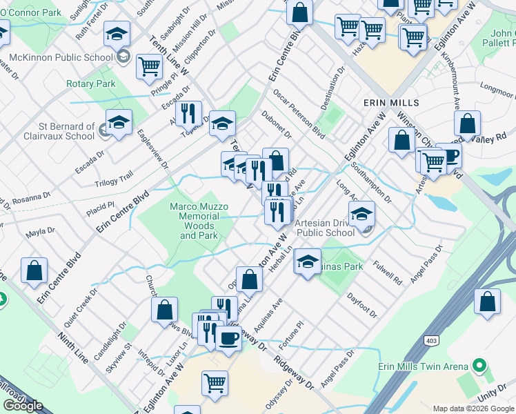 map of restaurants, bars, coffee shops, grocery stores, and more near 3211 Flagstone Drive in Mississauga