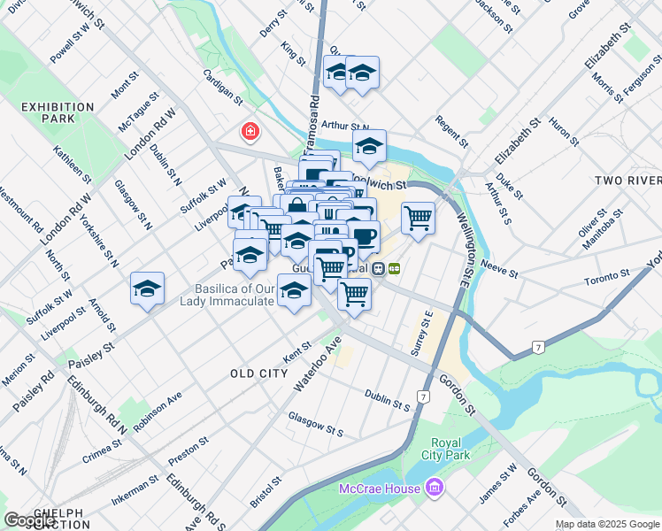 map of restaurants, bars, coffee shops, grocery stores, and more near 32 Macdonell Street in Guelph