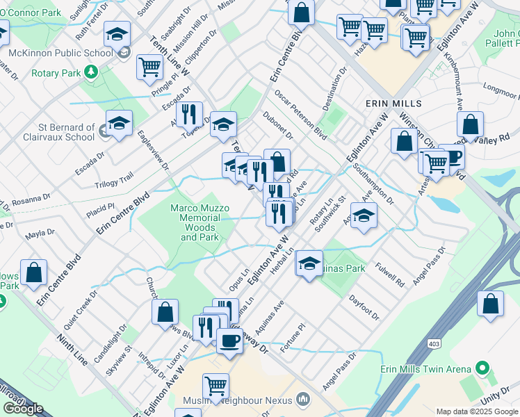map of restaurants, bars, coffee shops, grocery stores, and more near 3211 Flagstone Drive in Mississauga