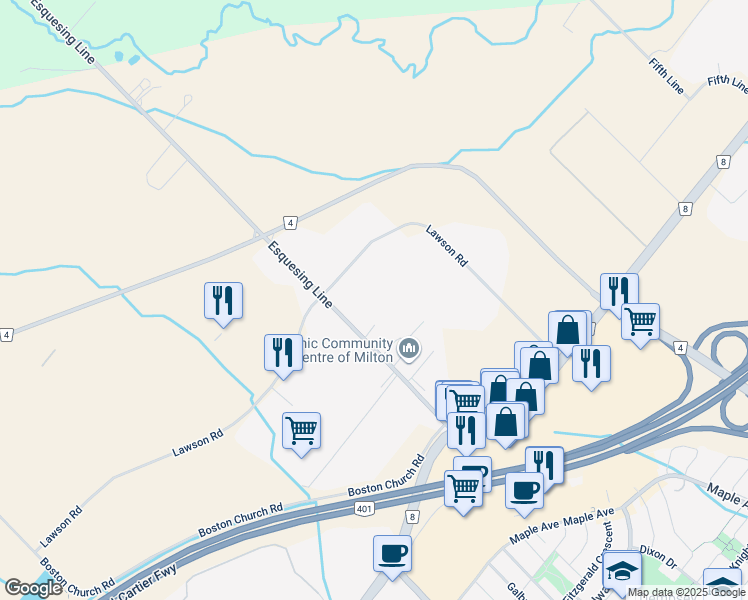 map of restaurants, bars, coffee shops, grocery stores, and more near 8105 Esquesing Line in Milton