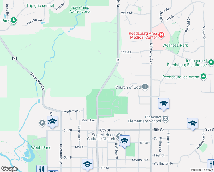map of restaurants, bars, coffee shops, grocery stores, and more near S2767 County Road K in Reedsburg