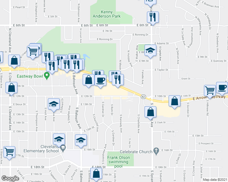 map of restaurants, bars, coffee shops, grocery stores, and more near 4001 East 10th Street in Sioux Falls