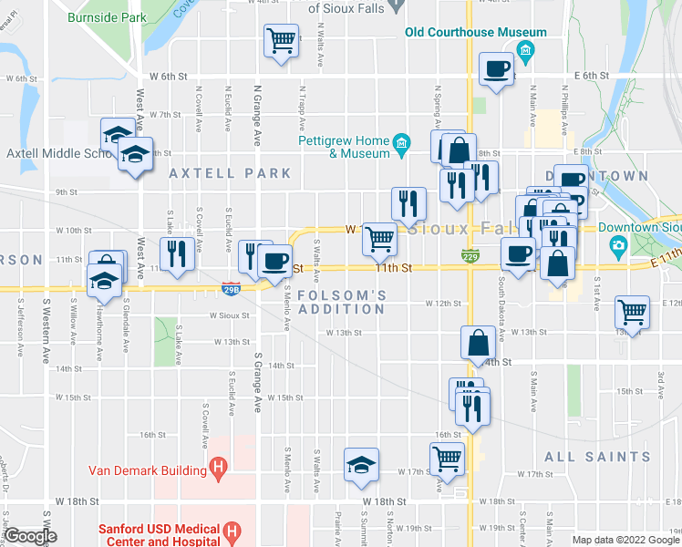 map of restaurants, bars, coffee shops, grocery stores, and more near 801 West 11th Street in Sioux Falls