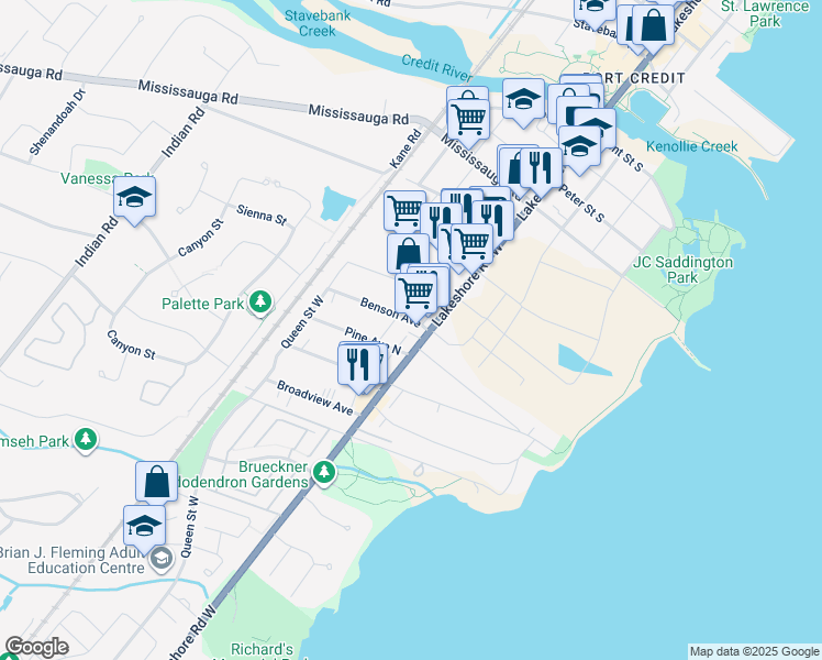 map of restaurants, bars, coffee shops, grocery stores, and more near in Mississauga