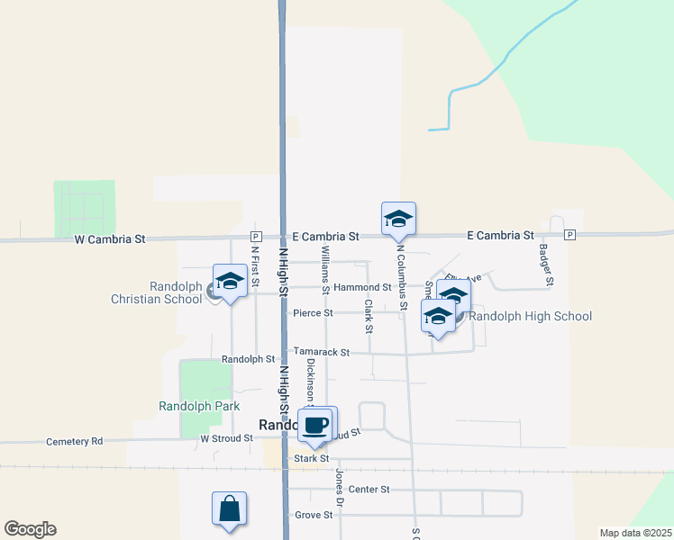 map of restaurants, bars, coffee shops, grocery stores, and more near 620 Williams Street in Randolph