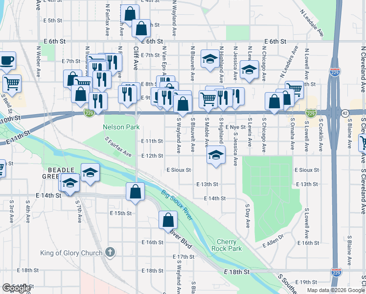 map of restaurants, bars, coffee shops, grocery stores, and more near 317 South Wayland Avenue in Sioux Falls