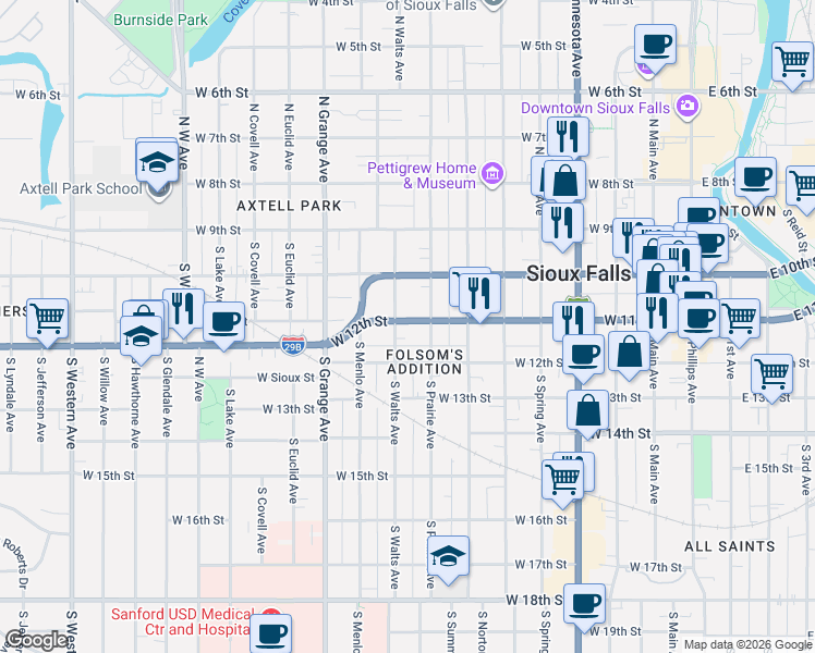map of restaurants, bars, coffee shops, grocery stores, and more near 818 West 11th Street in Sioux Falls
