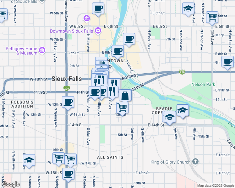 map of restaurants, bars, coffee shops, grocery stores, and more near 200-212 E 11th St in Sioux Falls