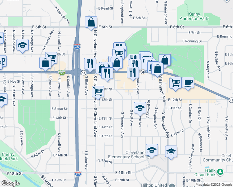 map of restaurants, bars, coffee shops, grocery stores, and more near 2900 East 11th Street in Sioux Falls