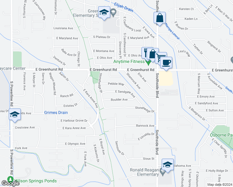map of restaurants, bars, coffee shops, grocery stores, and more near 2613 East Sandgate Avenue in Nampa