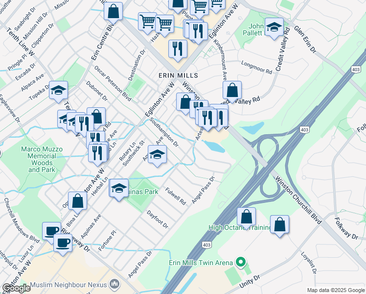 map of restaurants, bars, coffee shops, grocery stores, and more near 4873 Southampton Drive in Mississauga